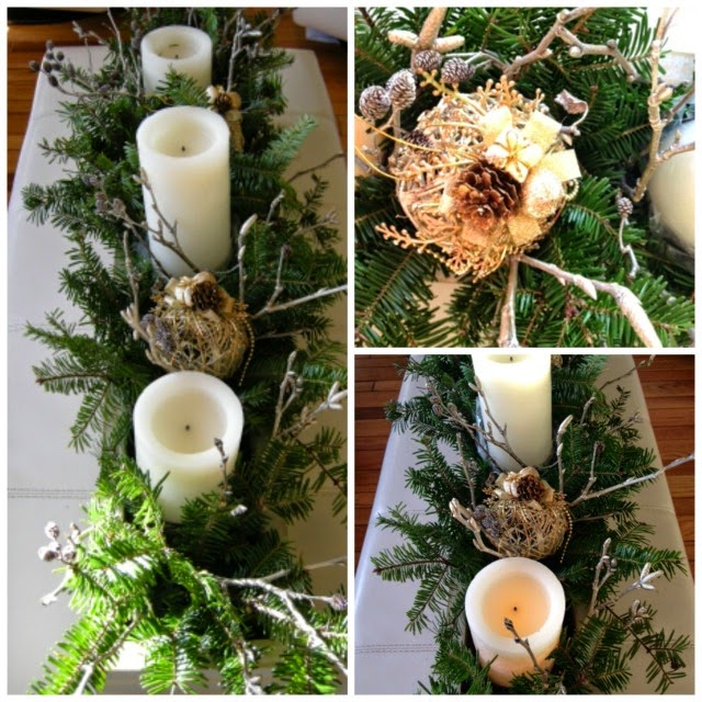 trough box, candles, greenery, twig balls