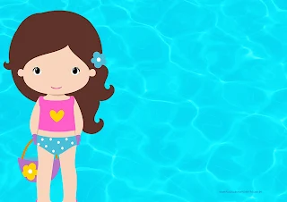 Brunette Girl Pool Party Free Printable Invitations, Labels or Cards.