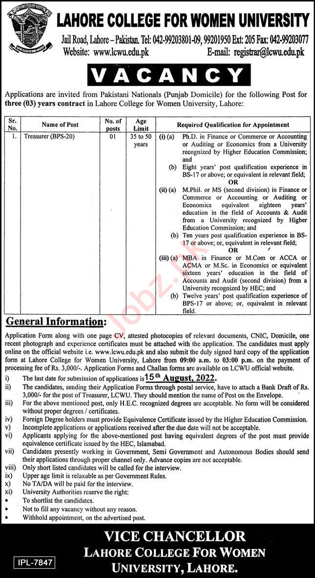 Latest Lahore College For Women University LCWU Teaching Posts Lahore 2022