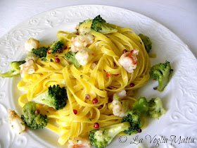 Fettuccine di Campofilone con broccoli e gamberi marinati