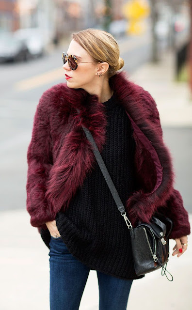 red faux fur coat