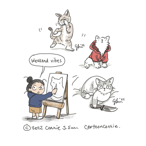 Sketchbook page of cat drawings by Connie Sun, cartoonconnie, 2022. Titled “Weekend Cat Vibes." Humorous illustration of a cat dancing, cat in a red hoodie, cat wielding a knife. Girl with a bun at an art easel sketching a cat and explaining to the viewer what is happening: "Weekend vibes."