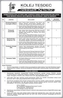 Jawatan Kosong di Kolej TESDEC Terengganu - Mac 2010
