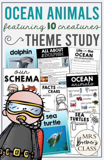 Ocean Animals theme study unit featuring 10 sea creatures with information charts, posters, and project worksheets templates for First Grade Second Grade Third Grade