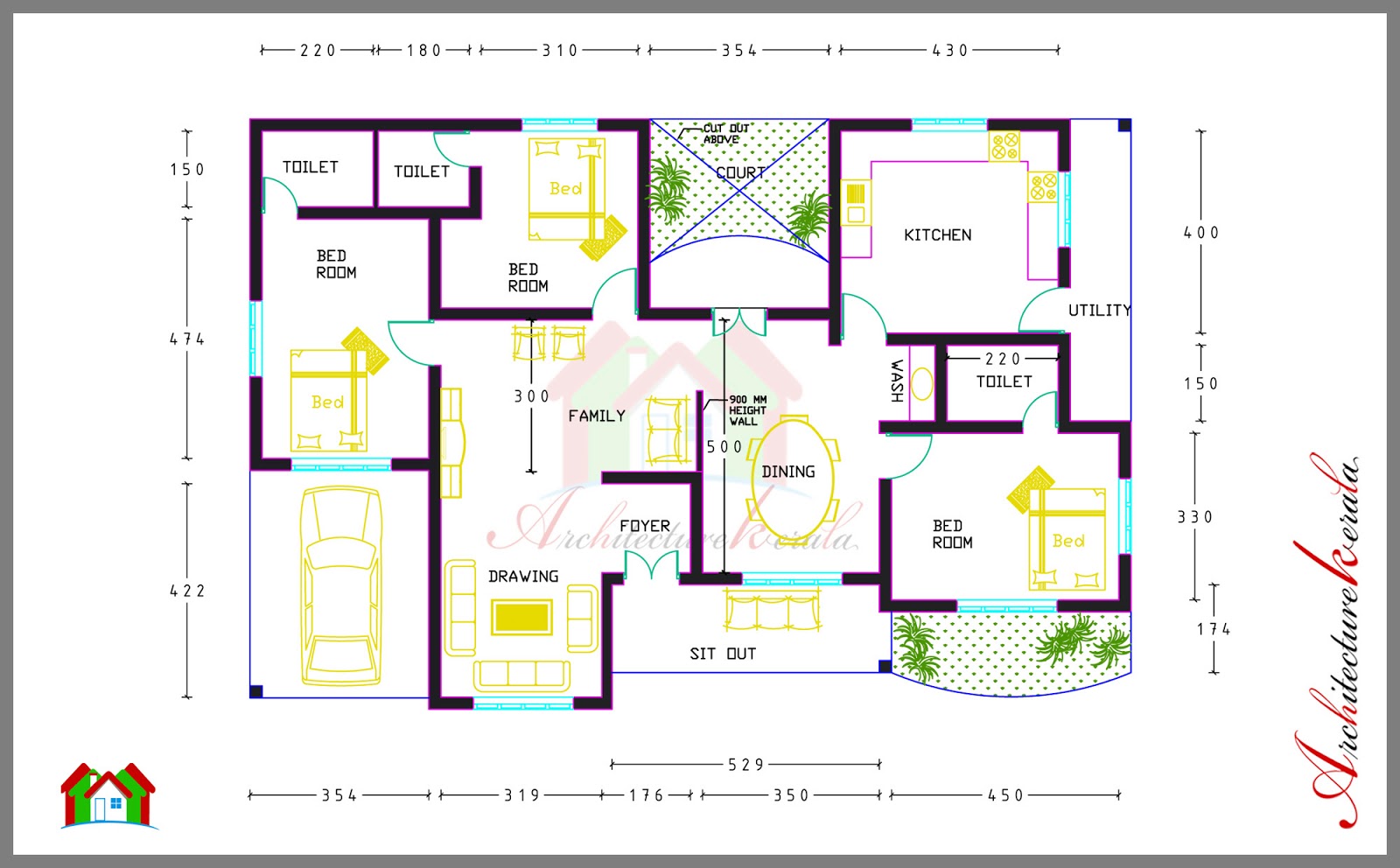 3 BED ROOM  HOUSE  PLAN  WITH ROOM  DIMENSIONS  ARCHITECTURE 