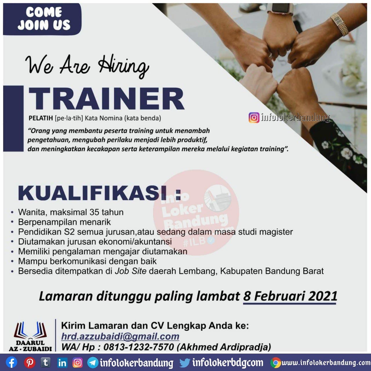 Lowongan Kerja Trainer Daarul Az-Zubaidi Lembang Bandung Januari 2021
