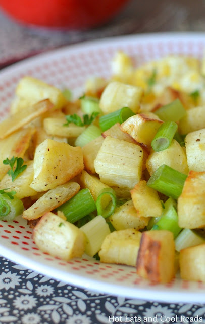 Roasted Parsnip Breakfast Home Fries Recipe from Hot Eats and Cool Reads! This breakfast or dinner side dish is unique, delicious and so simple to make! The freshness of the green onions go great with the roasted parsnips!