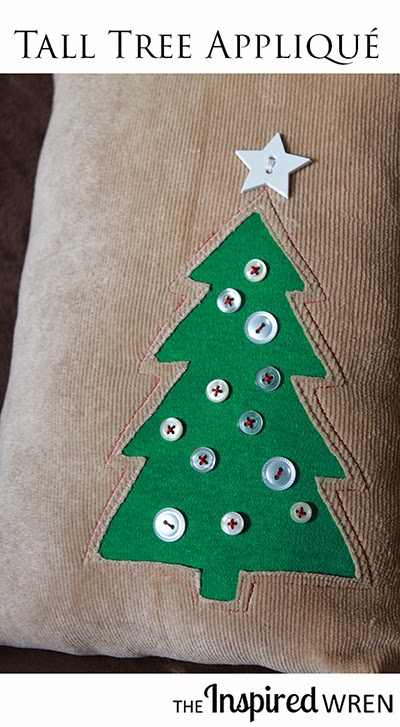 Great Christmas pillow/cushion tutorial including tree template -- love the buttons as ornaments! | The Inspired Wren