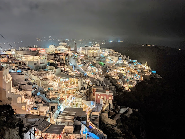Nighttime views of Fira on Santorini Greece