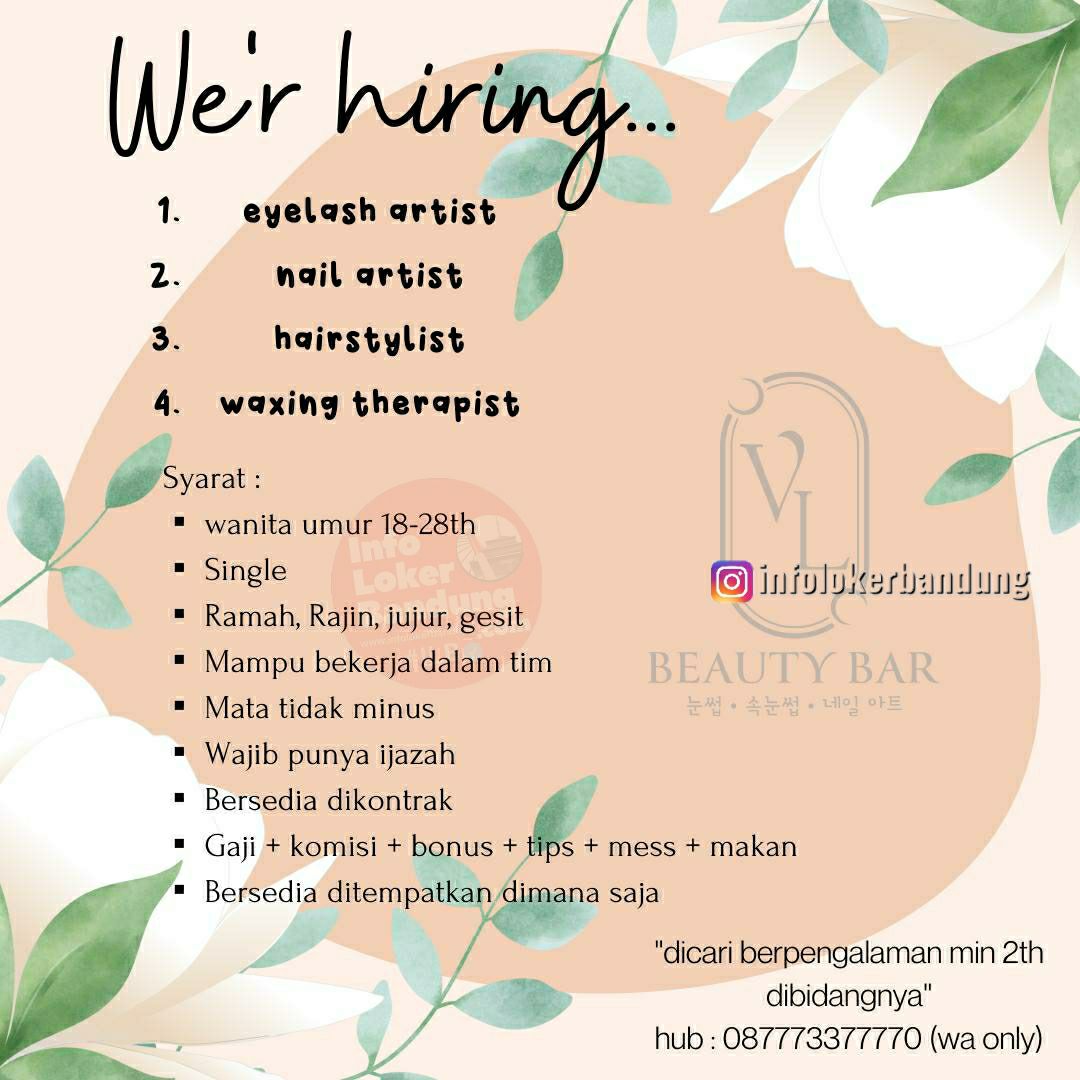 Lowongan Kerja VL Beauty Bar Bandung April 2022