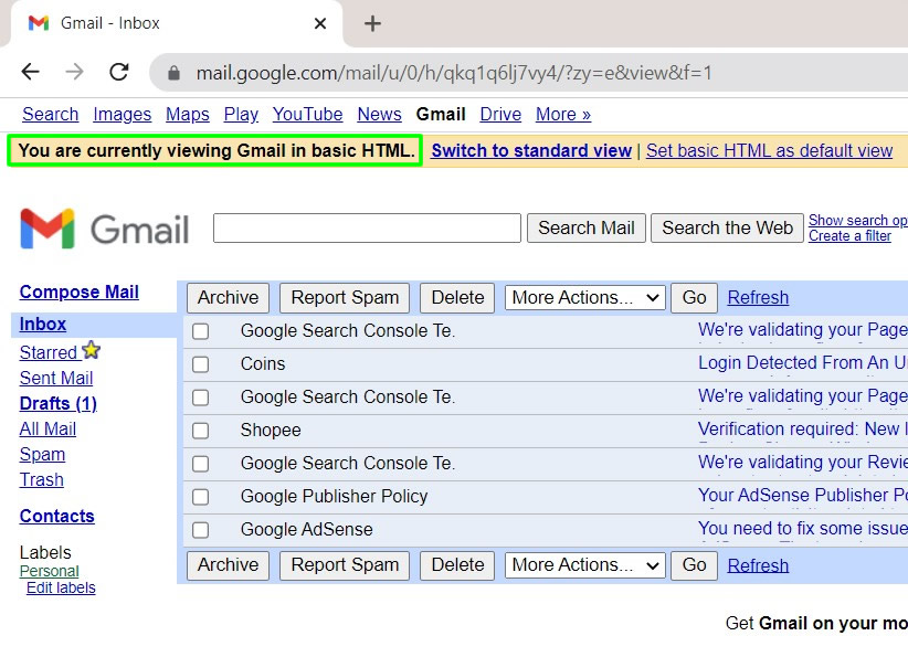 successfully loaded gmail basic html view
