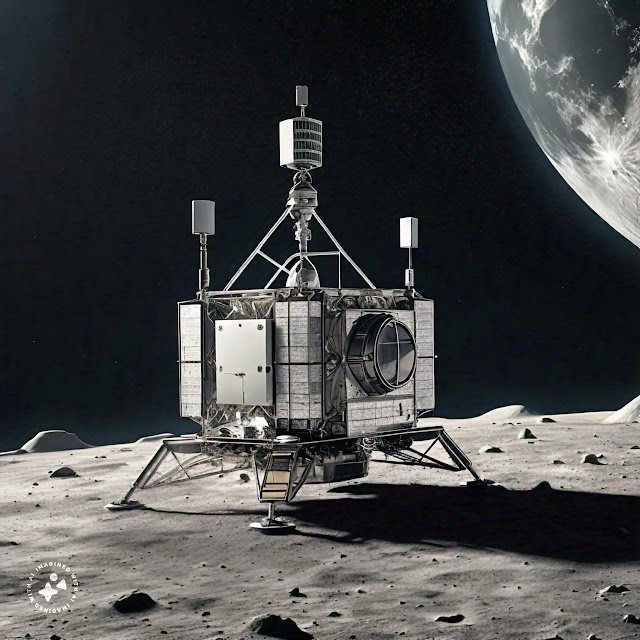 Artistic representation of the iCube Qamar satellite in lunar orbit, with the Pakistani flag and the Moon's surface in the background, signifying Pakistan's remarkable achievement in space exploration.