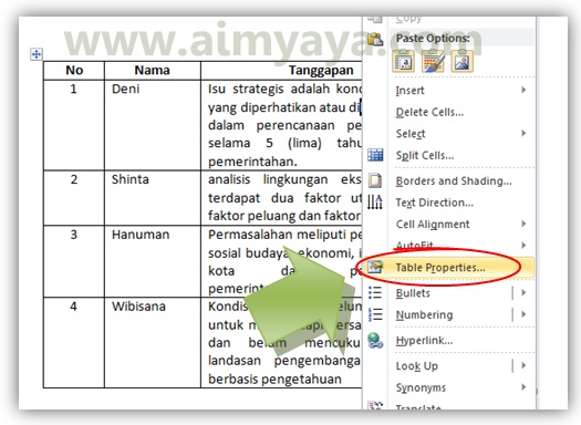  Gambar: Cara memunculkan table properties di microsoft word 2010