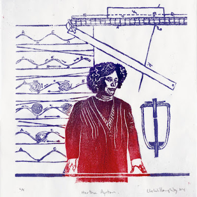 Hertha Ayrton, linocut by Ele Willoughby