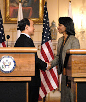 Secretary Rice welcomes His Excellency Song Min-Soon,  Minister of Foreign Affairs and Trade of the Republic of Korea.  State Department photo by Michael Gross