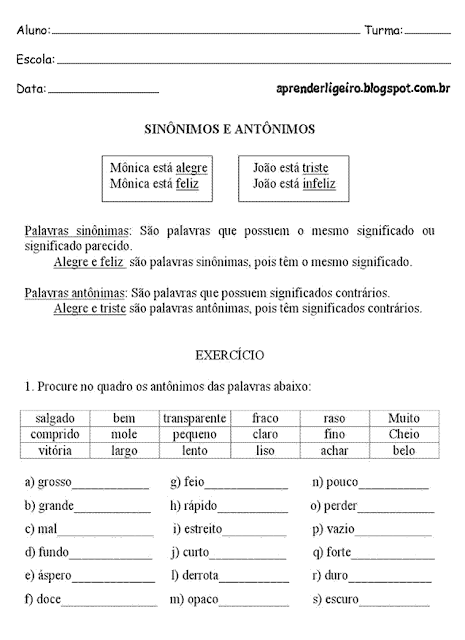 Atividades de Sinônimo e Antônimo ensino fundamental