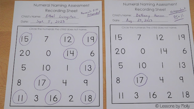 Two identical assessments on a table. Both assessments aimed to test the students' ability to name numerals from zero to twenty. One assessment reveals that a student is encountering challenges in learning the number symbols, as evidenced by several incorrect responses. In contrast, the other student has performed well, with just one missed numeral.