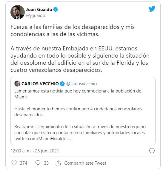 Guaidó ordena a su embajadora prestar toda la ayuda posible en edificio derrumbado en Miami