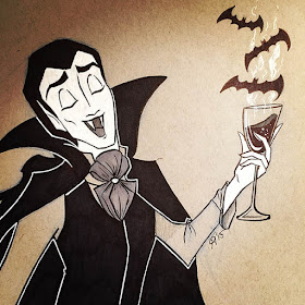 Black and white ink drawing of Dracula vampire enjoying a glass of wine blood with three bats