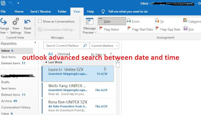 outlook advanced search between date and time