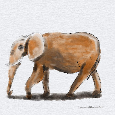 Work in Progress watercolour elephant by Clare Walker: elephant is muddy and brown.