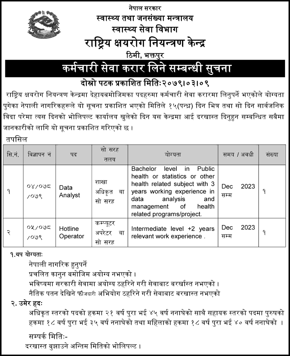 National Tuberculosis Control Center Vacancy Announcement