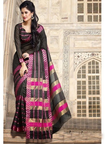 Black And Pink Cotton Saree