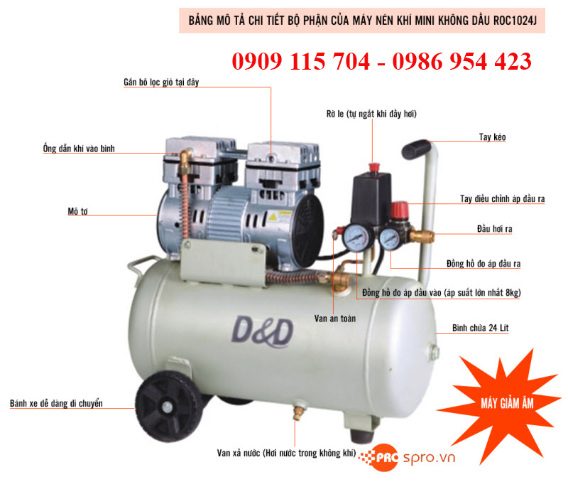 Máy nén khí, máy bơm hơi mini có dầu 1HP D & D ROC1024J - Dung tích 24L