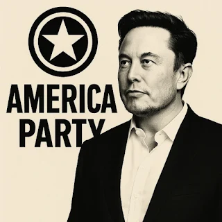A black-and-white portrait of Elon Musk in a dark suit looking to the left dominates the image. To his right, the words “AMERICA PARTY” appear alongside a symbolic emblem featuring a star inside a circle. The composition follows a political campaign poster style, using strong contrast and minimal color to convey Musk’s sense of determination and political intent.