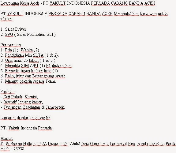 Lowongan Kerja Aceh - PT YAKULT INDONESIA PERSADA CABANG BANDA ACEH