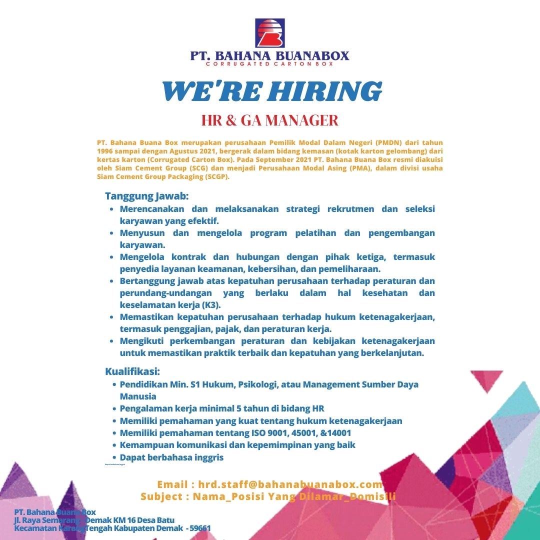 Loker Demak Terbaru di PT Bahana Buanabox