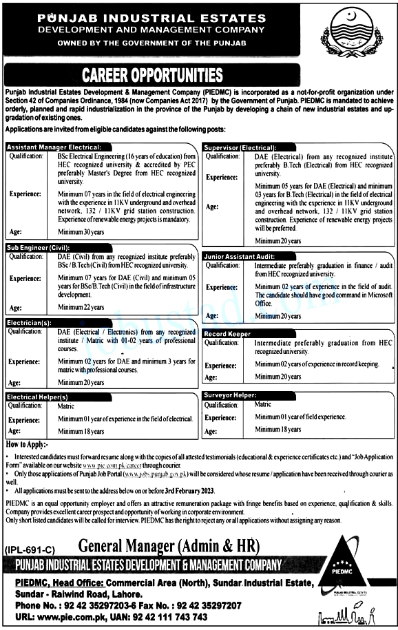 Jobs in Punjab Industrial Estate Development & Management Company 2023