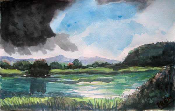 Watercolor Art of Lakeside Landscape