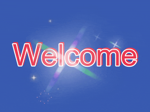 A welcome GIF of red letters with some blinking stars on a blue background.