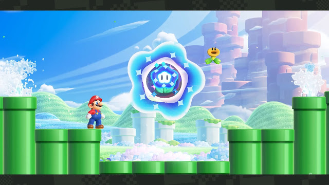 Imagem de Mario em Super Mario Bros. Wonder olhando para uma Flor Fenomenal.
