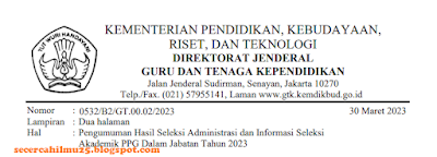 Pengumuman Hasil Seleksi Administrasi dan Seleksi Akademik PPG Daljab Tahun 2023 Peserta Verval Saran I,2,3 dan 4