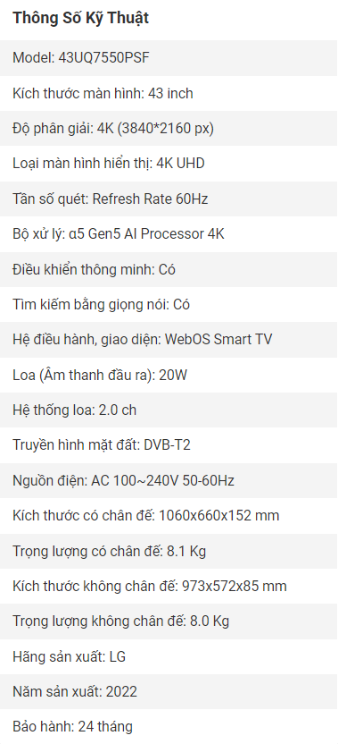 Smart Tivi LG 43 Inch 4K UHD 43UQ7550PSF