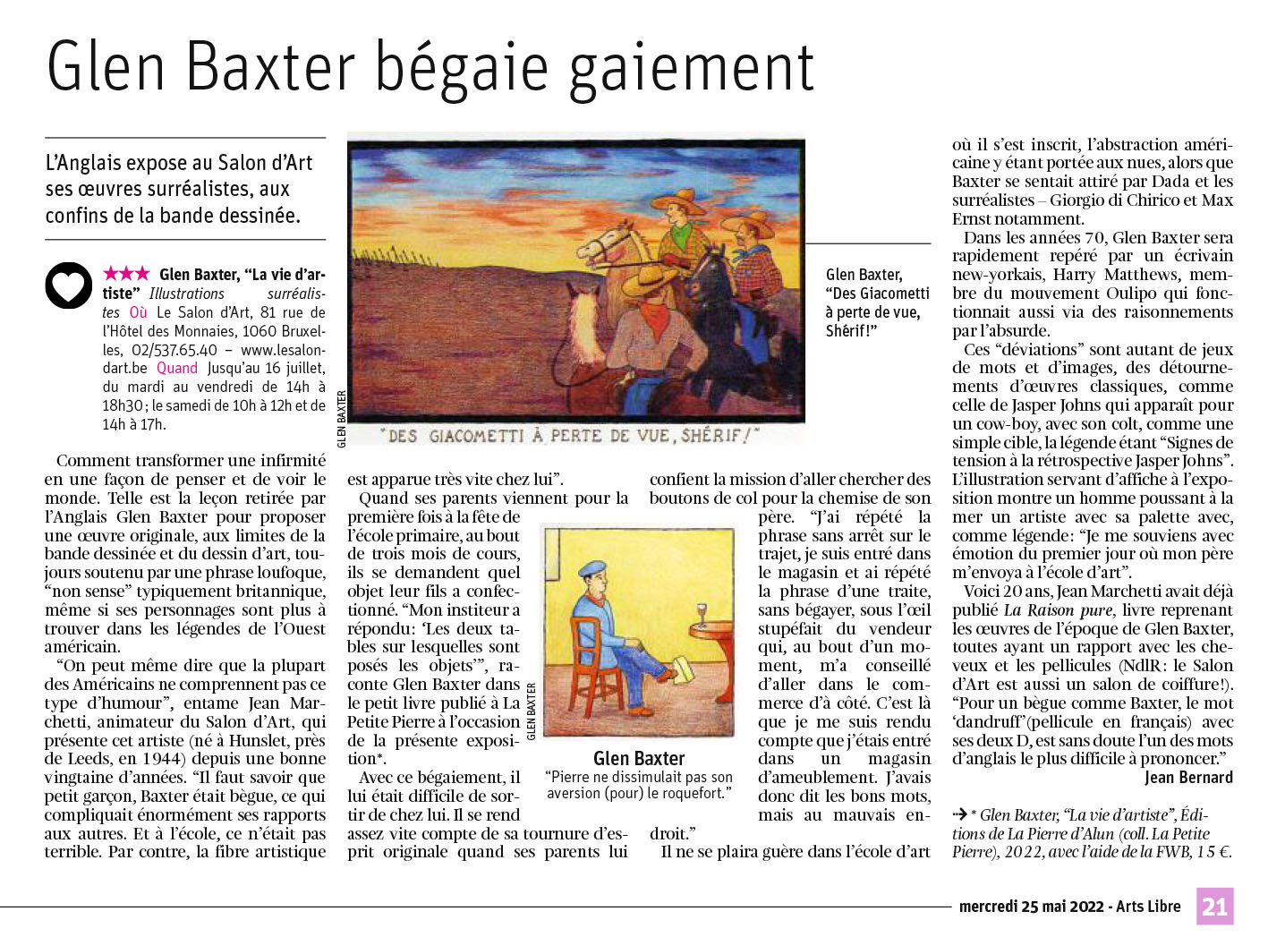 article de jean bernard à propos de l'exposition de glen baxter au salon d'art dans la arts libre du mercredi 25 mai 2022