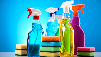 Biodegradable cleaning products collection of bottles and sprays