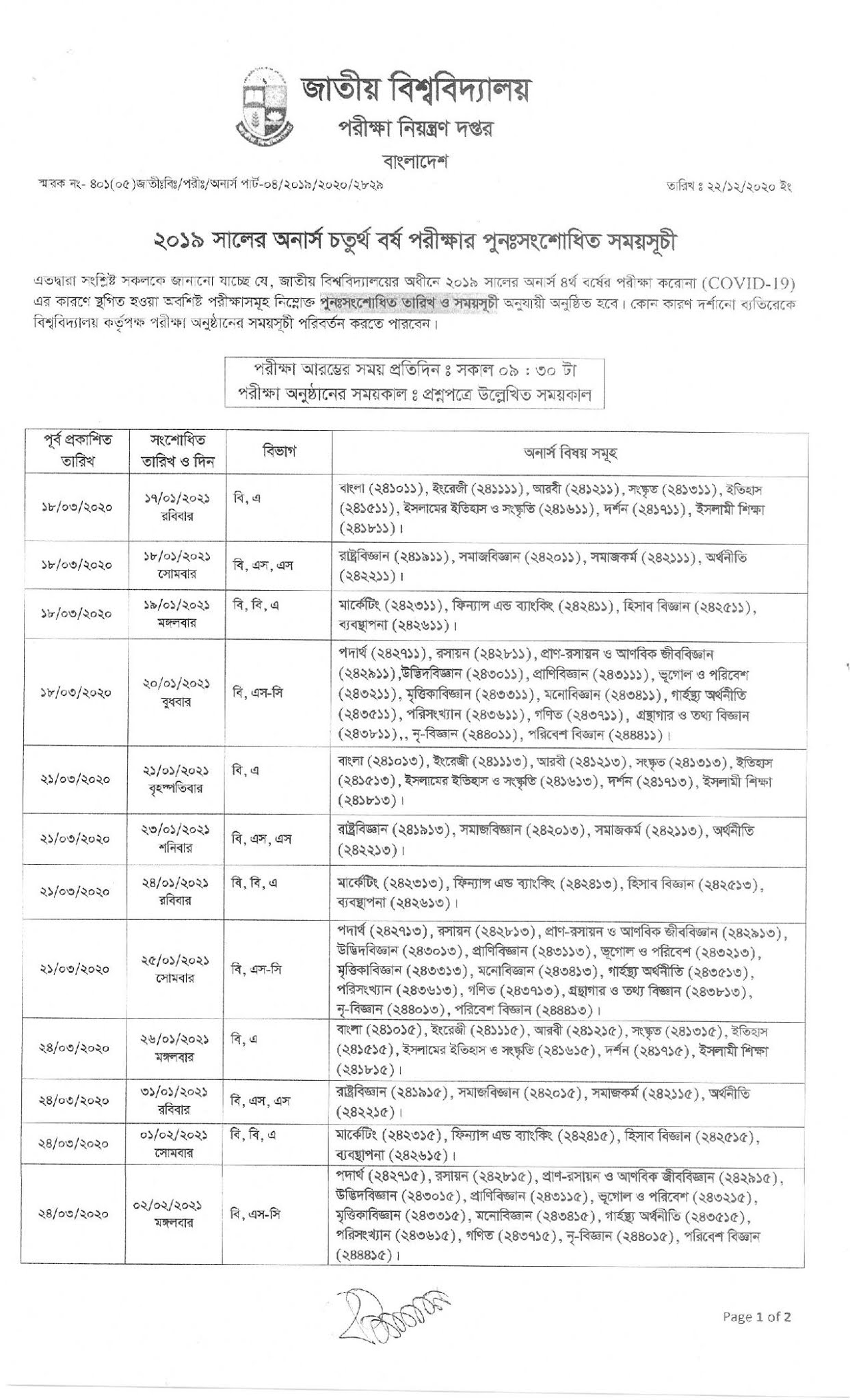 Hons 4th Year Exam Routine