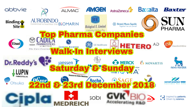 Top Pharma Companies | Walk-In Interviews on Saturday & Sunday | 22nd & 23rd December 2018 