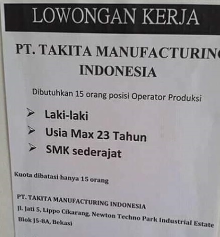 Lowongan Kerja PT. Takita Manufacturing Indonesia