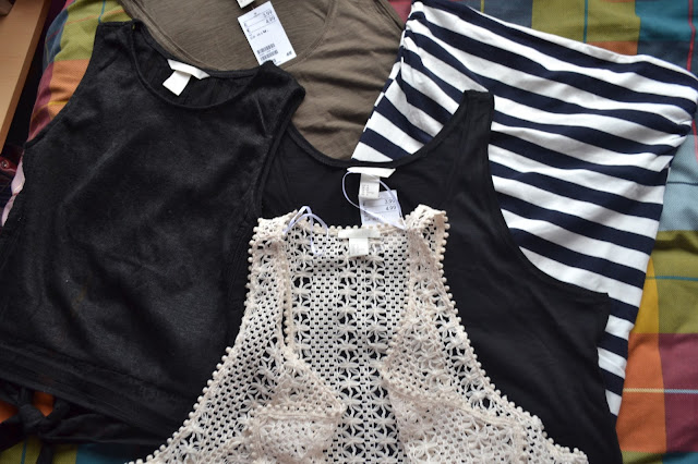 H&M jersey vest tops, crop top, striped bandeau top and crochet wasitcoat