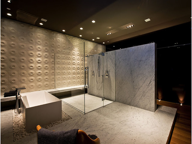 Picture of large modern luxury bathroom with huge shower cabin by the modern bathtub