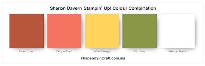 Rhapsodyincraft, Colour combinations Cajun Craze, Stampin' Up, Cajun Craze, Calypso Coral, Daffodil Delight, Old Olive, Whisper White