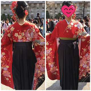 A front and back picture of a female Japanese student wearing a traditional hakama on her graduatuon day