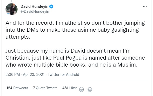 David Hundeyin religion