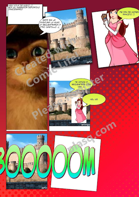 la imagen muestra al gato con botas  y una princesa en una página de comic
