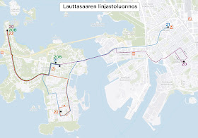 Lauttasaaren linjastoluonnoksen linjat. Linja 20 kulkee Katajaharjusta Isokaaren kautta Lauttasaaren metroasemalle ja siitä Ruoholahteen ja Punavuoreen. Linja 20B kulkee Katajaharjusta Isokaaren kautta Lauttasaaren metroasemalle. Linja 21 kulkee Lauttasaaren metroasemalta Vattuniemeen, josta Meripuistotietä pitkin Ruoholahteen ja Kampin terminaaliin. Linja 22 kulkee Katajaharjusta Isokaaren kautta Vattuniemeen.