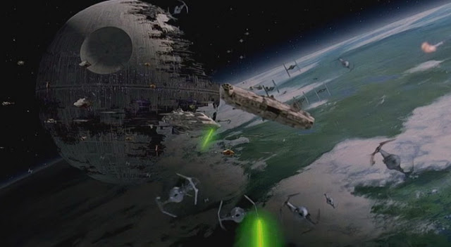 The Millennium Falcon attacking the Death Star and Imperial fleet